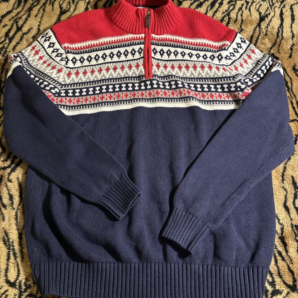 Izod Fair Isle Sweater 1/4 Zip Pullover Knit Red Navy Blue Striped Mens XL EUC